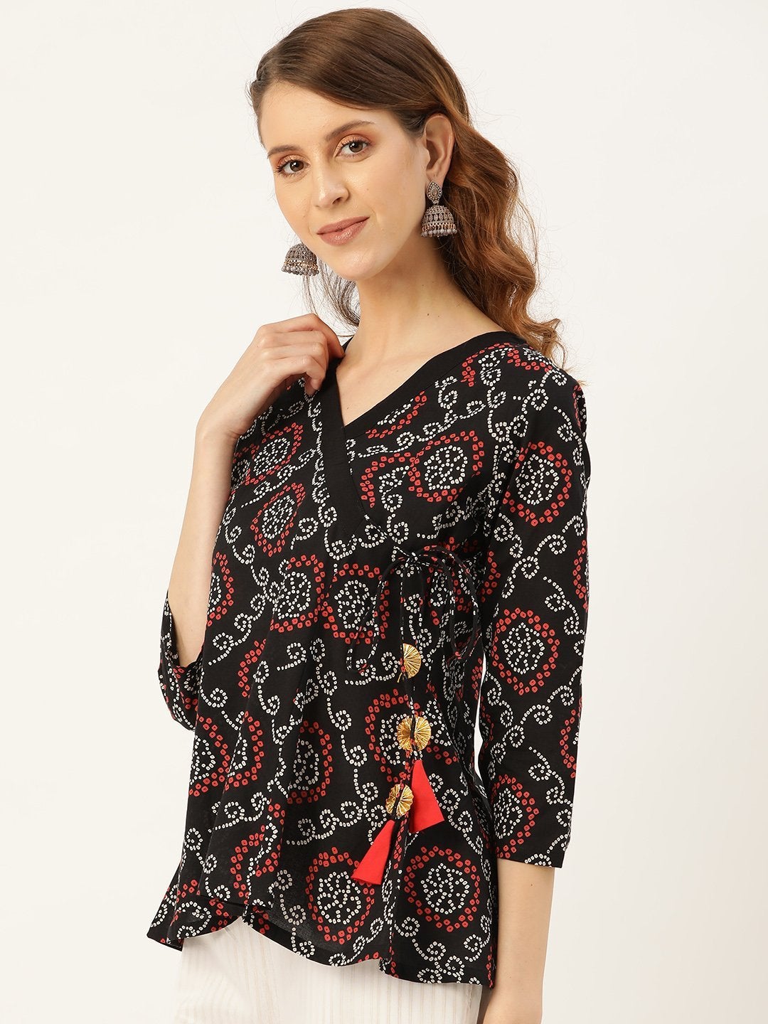 Women's Black Bandhej Angrakha Top - SASSAFRAS