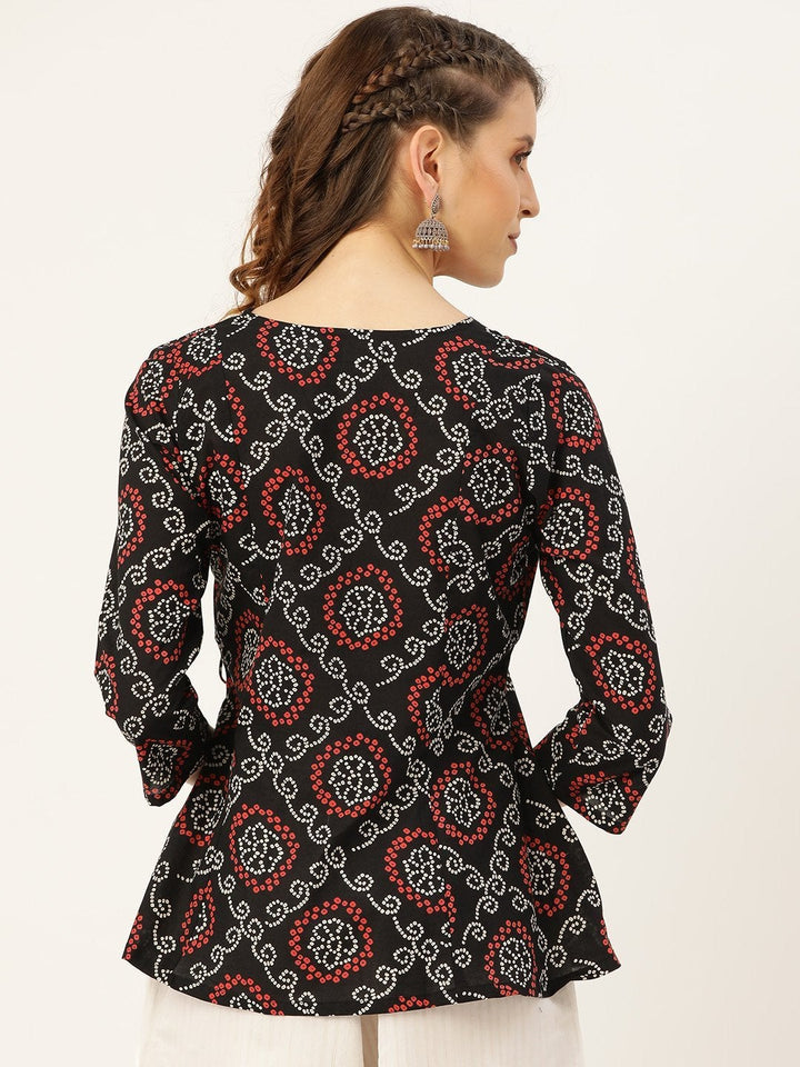 Women's Black Bandhej Angrakha Top - SASSAFRAS