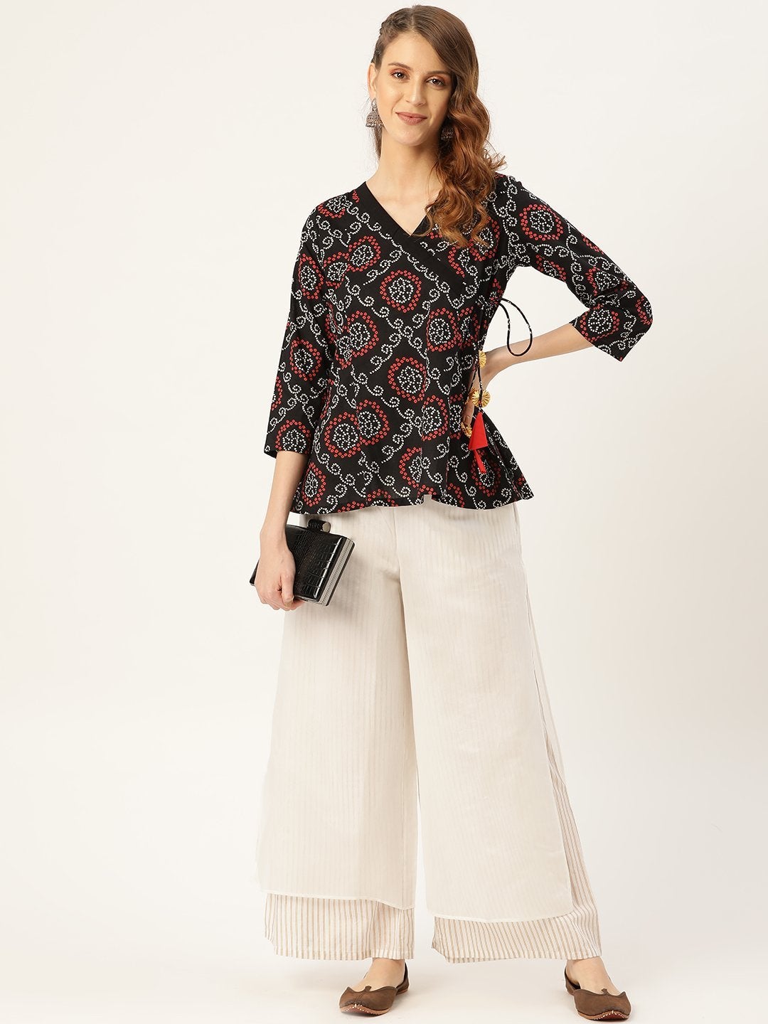 Women's Black Bandhej Angrakha Top - SASSAFRAS