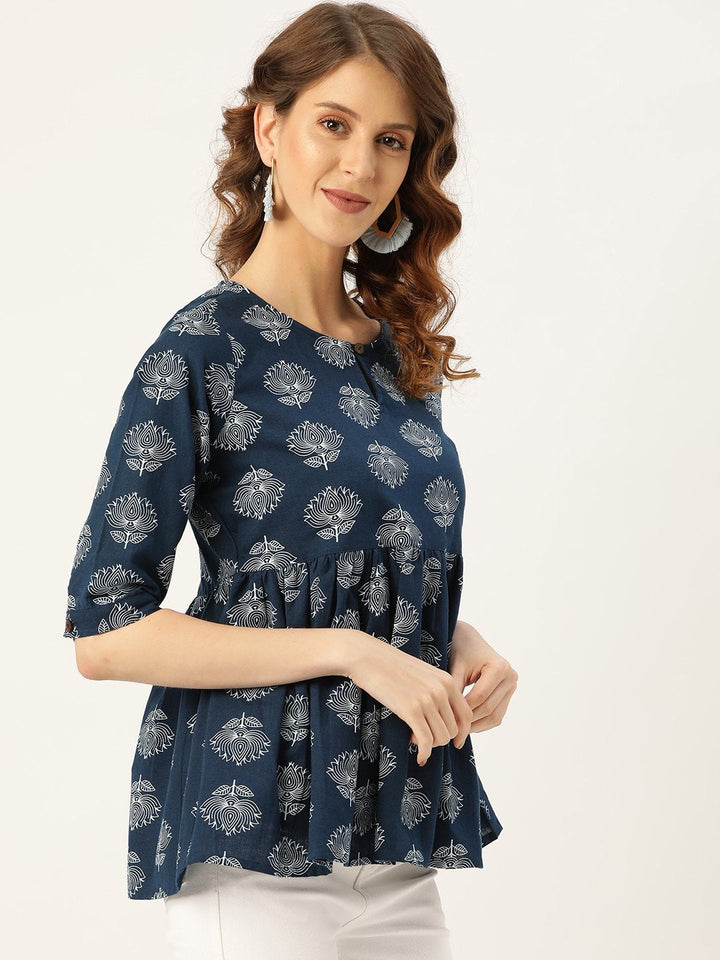 Women's Navy Lotus Print Peplum Top - SASSAFRAS