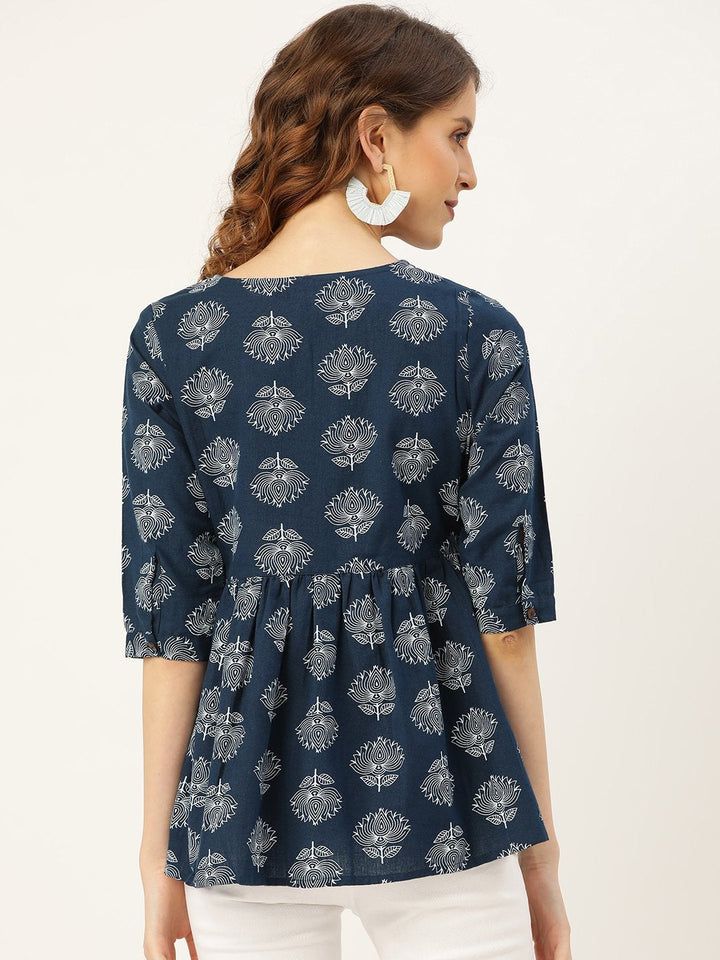 Women's Navy Lotus Print Peplum Top - SASSAFRAS