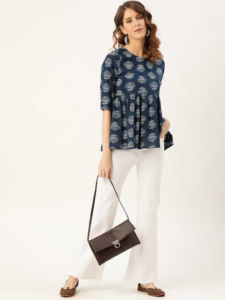 Women's Navy Lotus Print Peplum Top - SASSAFRAS