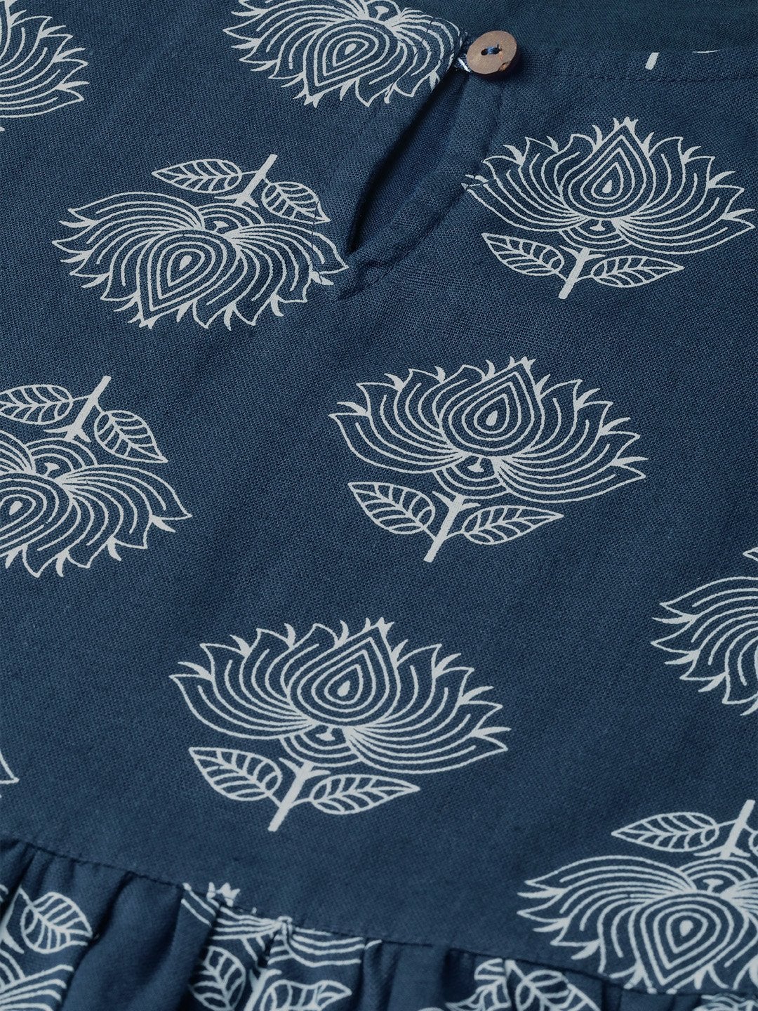 Women's Navy Lotus Print Peplum Top - SASSAFRAS