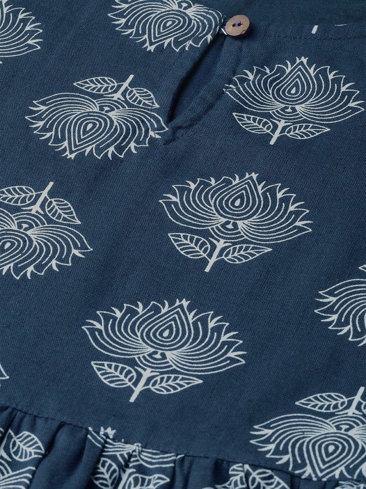 Women's Navy Lotus Print Peplum Top - SASSAFRAS