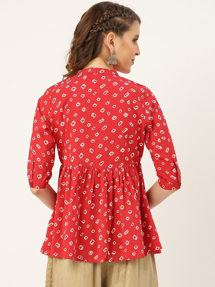 Women's Red Bandhej Front Button Gathered Top - SASSAFRAS