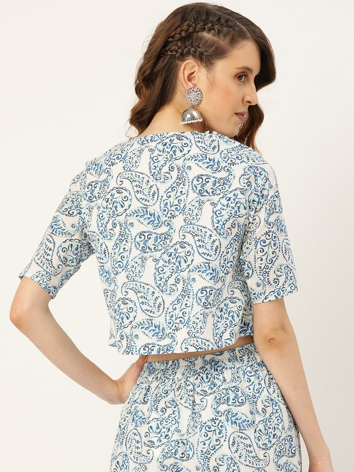 Women's Blue Paisely Front Open Crop Top - SASSAFRAS