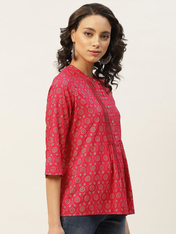 Women's Fuchsia Foil Pleated Front Button Top - SASSAFRAS