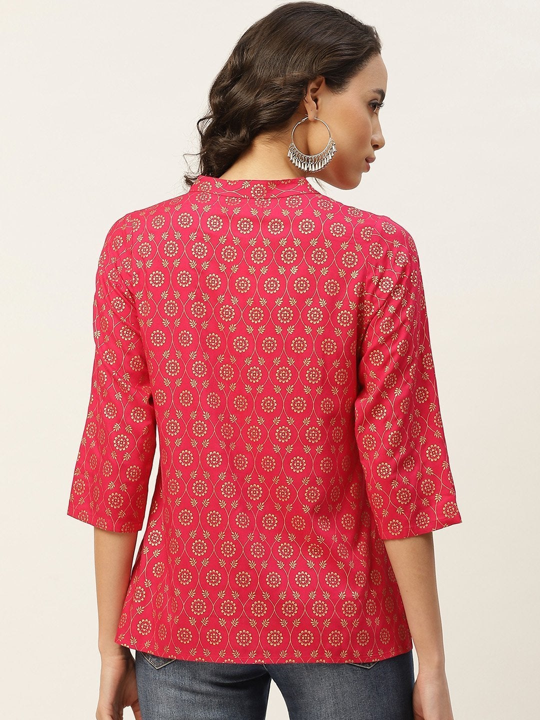 Women's Fuchsia Foil Pleated Front Button Top - SASSAFRAS