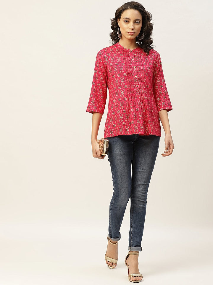 Women's Fuchsia Foil Pleated Front Button Top - SASSAFRAS