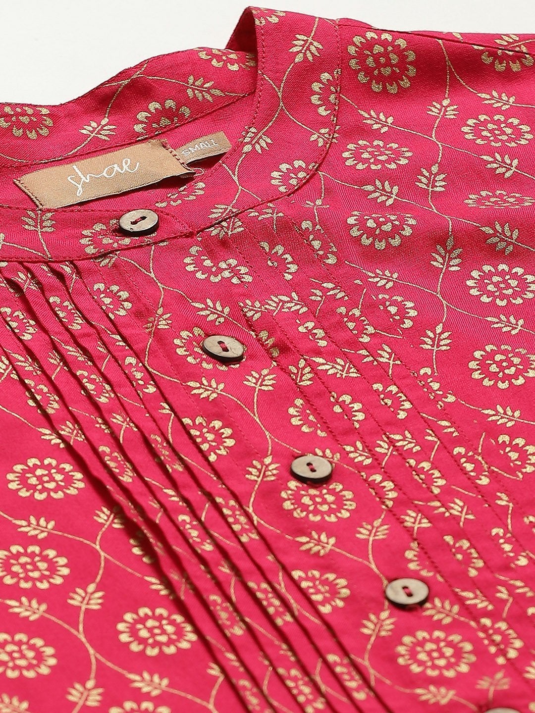 Women's Fuchsia Foil Pleated Front Button Top - SASSAFRAS
