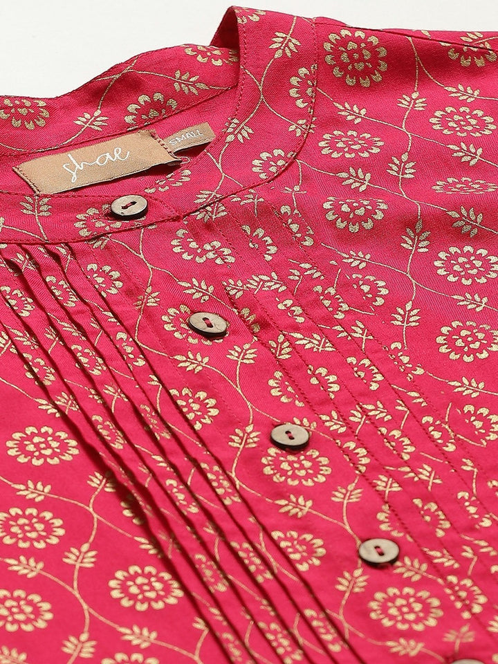 Women's Fuchsia Foil Pleated Front Button Top - SASSAFRAS