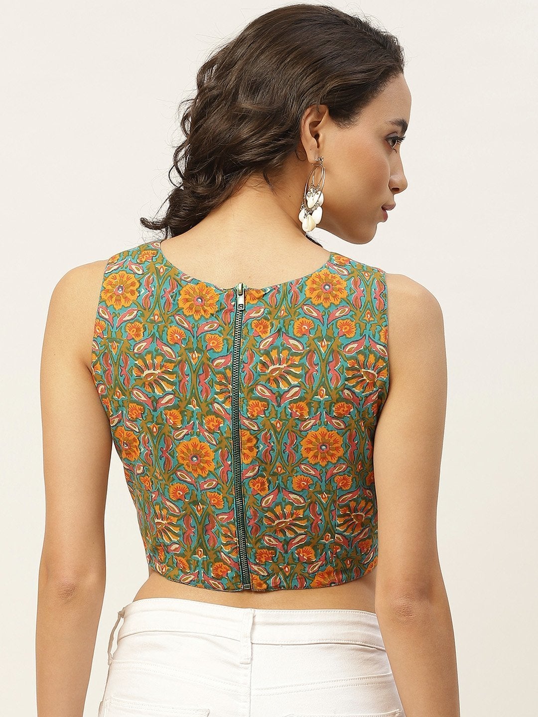 Women's Teal Floral Sleeveless Crop Top - SASSAFRAS