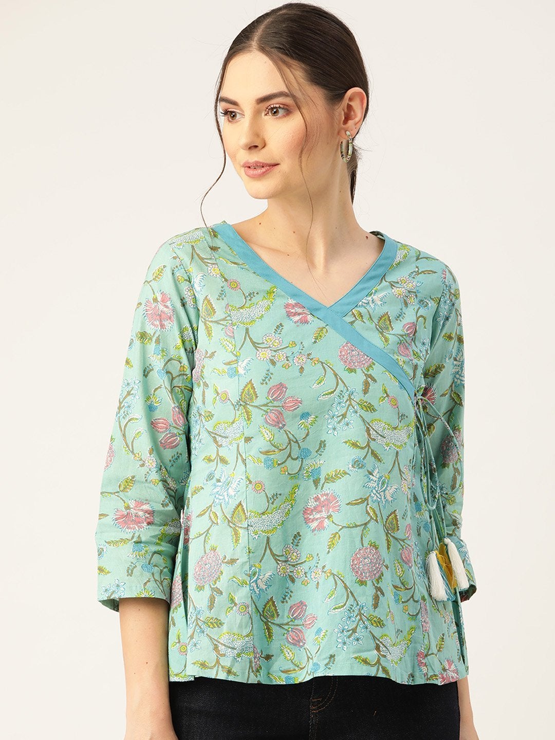 Women's Sea Green Floral Angrakha Top - SASSAFRAS