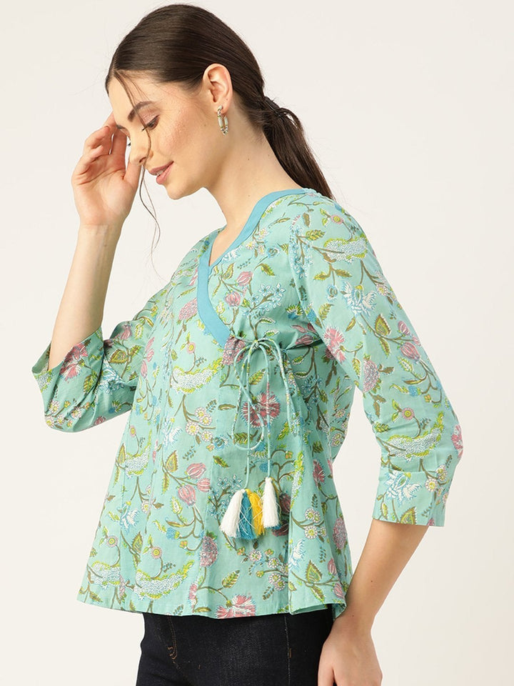 Women's Sea Green Floral Angrakha Top - SASSAFRAS