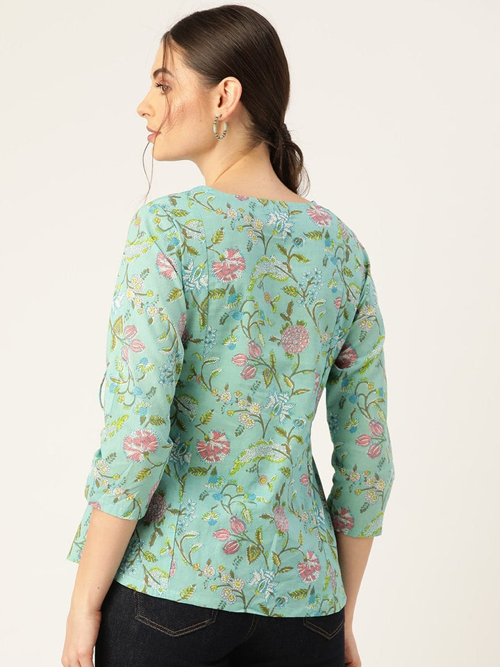 Women's Sea Green Floral Angrakha Top - SASSAFRAS