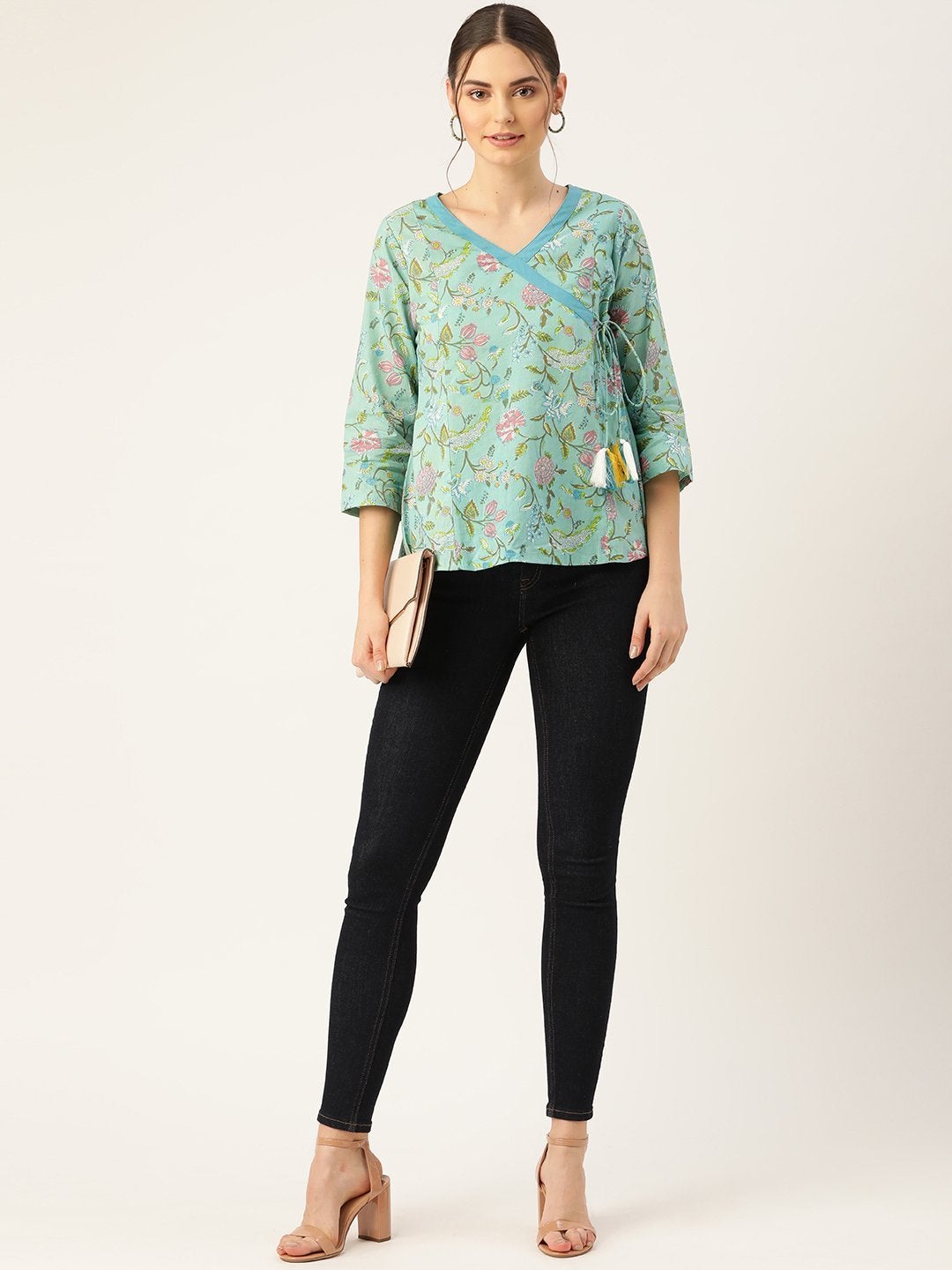 Women's Sea Green Floral Angrakha Top - SASSAFRAS
