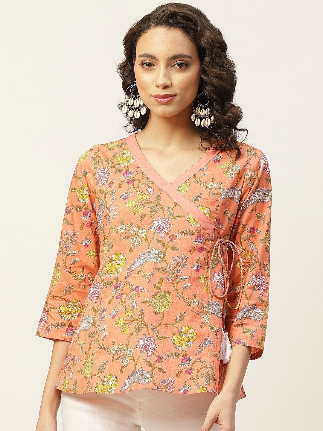 Women's Peach Floral Angrakha Top - SASSAFRAS