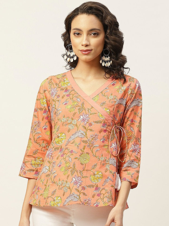 Women's Peach Floral Angrakha Top - SASSAFRAS