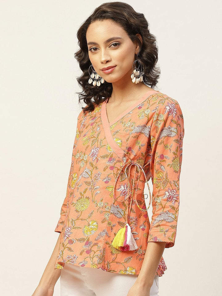 Women's Peach Floral Angrakha Top - SASSAFRAS
