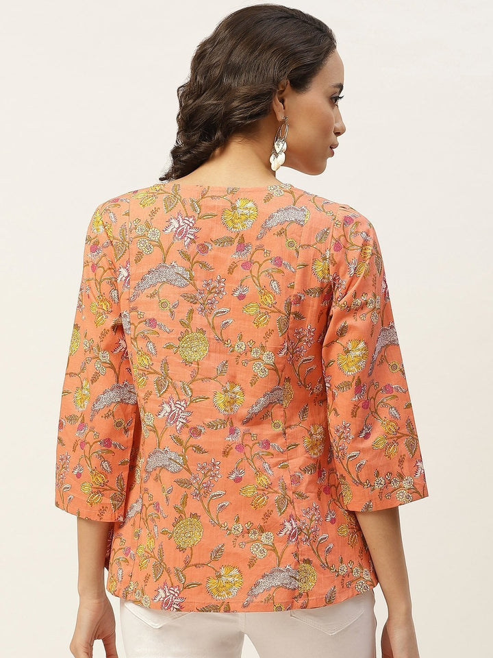 Women's Peach Floral Angrakha Top - SASSAFRAS