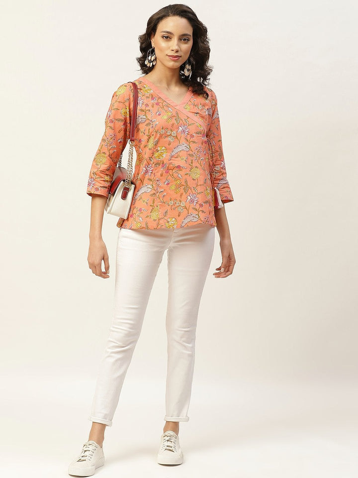 Women's Peach Floral Angrakha Top - SASSAFRAS