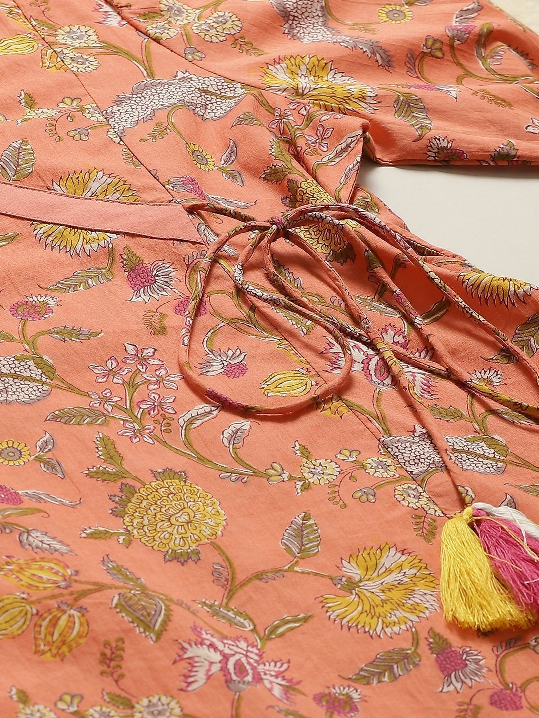 Women's Peach Floral Angrakha Top - SASSAFRAS