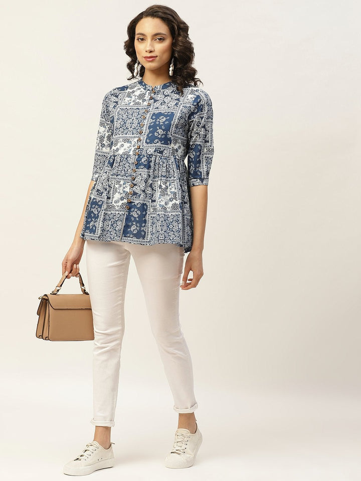 Women's Navy Floral Front Button Top - SASSAFRAS